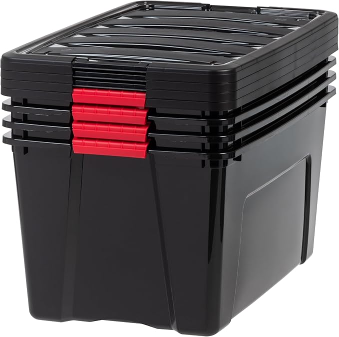 IRIS USA 72 Qt Stackable Plastic Storage Bins with Lids, 4 Pack - BPA-Free, Made in USA - Garage Organizing Solution, Latches, Durable Nestable Containers, Secure Pull Handle - Black