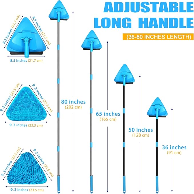 NEWE Wall Mop Cleaner with 80 inches Long Handle, 180° Folding Ceiling Cleaning Tool with Squeegee for Washing Painted Walls, Triangle Baseboard Scrubber with 4 Chenille Duster and 2 Microfiber Pads
