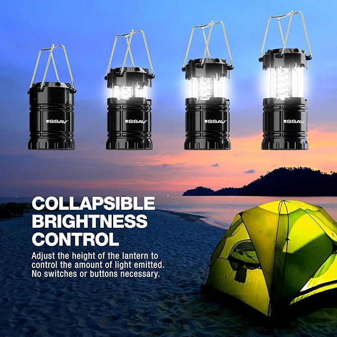 4 Pack LED Camping Lantern, LED Lanterns, Suitable Survival Kits for Hurricane, Emergency Light for Storm, Outages, Outdoor Portable Lanterns, Black, Collapsible | Batteries Included