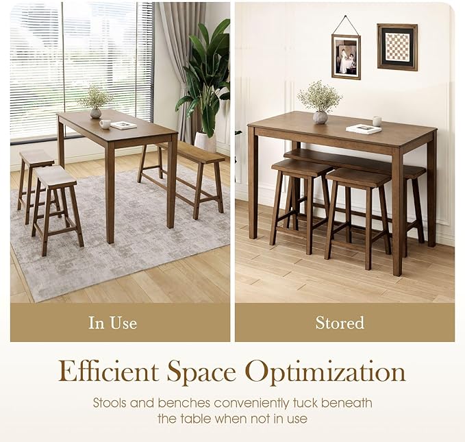 Sophia & William Dining Table Set for 4, Wooden Kitchen Table Set with Bench and 2 Chairs, Space-Saving Farmhouse Dining Sets,Rustic Caramel
