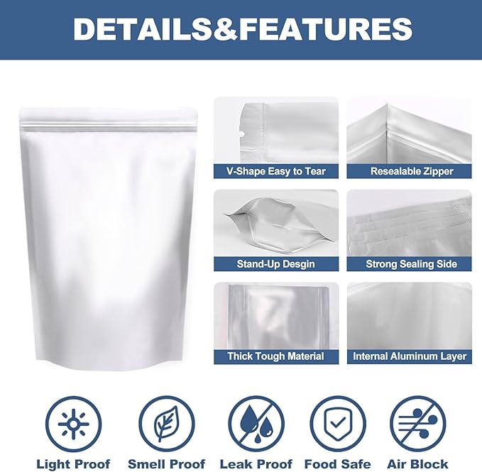 50PCS 2Quart 8"X12" Mylar Bags for Food Storage with Oxygen Absorbers&Lables,10 Mil Thick Resealable Stand-Up Zipper&Heat Sealable Vacuum Sealing Pouches for Long Term Food Storage