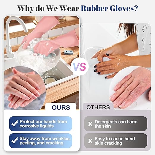 Rubber Kitchen Dishwashing Gloves - 3 Pairs Reusable Household Cleaning Gloves, Flexible and Durable & Non-slip Cleaning Gloves, Great for Kitchen, Bathroom, Laundry (Small, Pink+Blue+Grey)