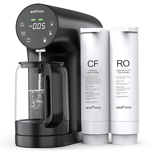 Ecoviva Countertop Reverse Osmosis System RO Water Filter, 5-Stage Filtration, Real-time TDS Monitor, BPA Free, 3:1 Pure to Drain, Indoor No Installation Desktop Portable Water Purifier-Black