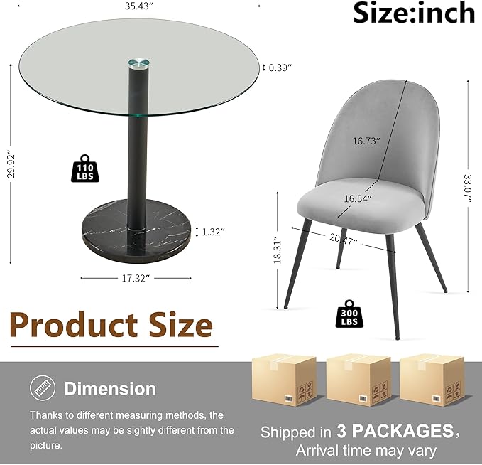 Modern Circle Dining Table Set for 4, 35.43-Inch Kitchen Coffee Table Set with 4 Seated Dining Chairs Upholstered Velvet Reception Room Chairs, Tulip Glass Table Set, Metal and Marble Base