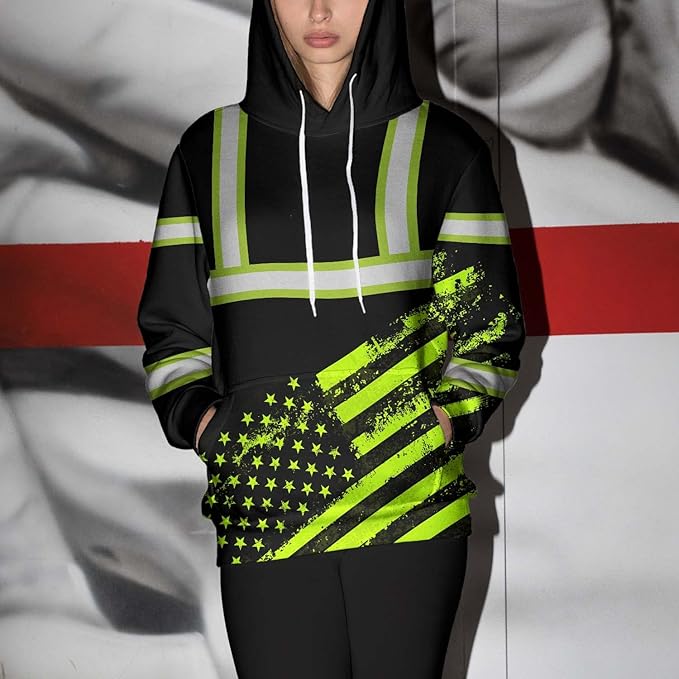 Color US Flag High Visibility Hoodie for Men Women Reflective Tapes Safety Workwear for Worker Runner Patriotic