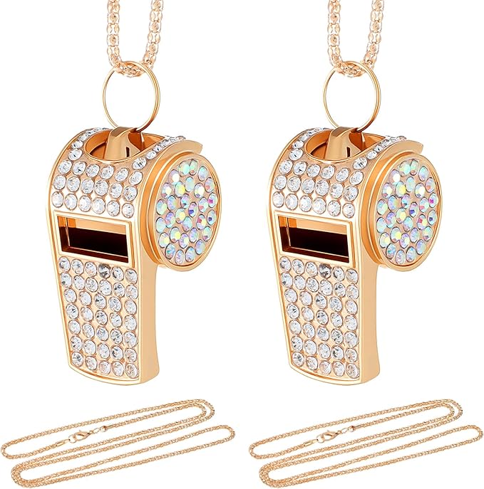 2 Pack Bling Rhinestone Whistles with Lanyard, Metal Whistle Emergency Sports Whistle, Accessories Loud Crisp Sound for Coach Captain Referee Teacher