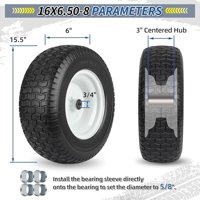 16x6.50-8 Flat Free Riding Lawn Mower Tire and Wheel, 2 Pcs 16x6.5-8nhs Garden Tractor Lawnmower Tyre, with 3/4" & 5/8" Bearing, 3" -4.5" -6" Centered Hub