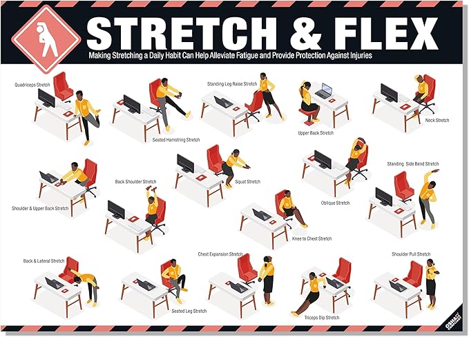 Stretch and Flex Poster 18" x 24" – OSHA Compliant Office & Workplace Stretching Guide, Full-Body Flexibility, Injury Prevention & Mobility Exercises, Ideal for Desk Workers & Sedentary Jobs