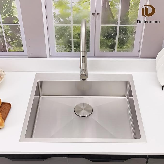 25x22 Drop In Kitchen Sink – Delironexu 18 Gauge Stainless Steel Kitchen Sink, 25 Inch Top Mount kitchen sink with Brushed Finish, 6 Inch Deep Single Bowl Sinks for RV, Prep, and Outdoor Use