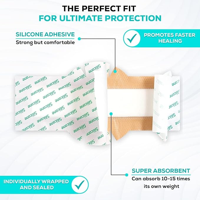 MedVance Bordered Adhesive Silicone Foam Dressing Pack of 10 - Waterproof Silicone Pad - Easy Apply & Remove Sterile Bandages - Wound Care & Dressings for Burns & More (4"x12" Bandage w/Wings)