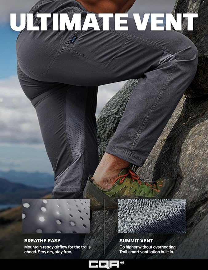 CQR Men's Lightweight Vent Hiking Pants, Water-Resistant & Breathable Sports Outdoor Athletic Pants with Elastic Waist