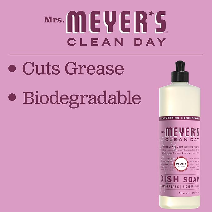 MRS. MEYER'S CLEAN DAY Liquid Dish Soap, Biodegradable Formula, Peony, 16 fl. oz - Pack of 6