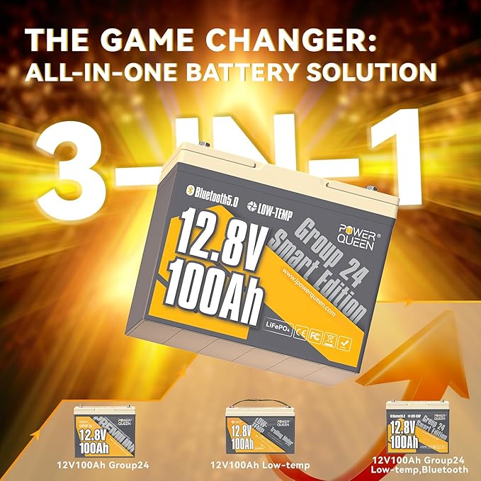 Power Queen 12V 100Ah Bluetooth LiFePO4 Battery, Group 24 Deep Cycle Battery Max. Output Power 1280W, 100A BMS with Low-Temp Cut-off Protection for RV, Trolling Motors, Solar System