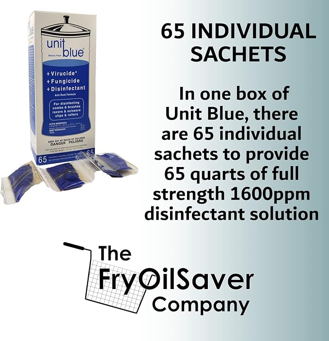 Unit Blue Barber Germicidal Disinfectant Concentrate for Barbers, Anti-Rust Formula, Sterilize Barber Tools, Scissor, Clips, Razors, Brush, Combs & More, 65 Sachets Makes 65 QT Solution at 1600 PPM