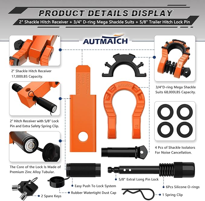 AUTMATCH Shackle Hitch Receiver 2" with 3/4" Mega D Ring Shackle and 5/8" Trailer Hitch Lock Pin, 68,000 Lbs Break Strength Heavy Duty Receiver Towing Kit for Off-Road Vehicle Recovery, Orange