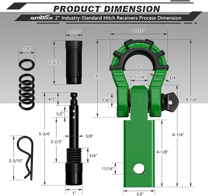 AUTMATCH Shackle Hitch Receiver 2" with 3/4" Mega D Ring Shackle and 5/8" Trailer Hitch Lock Pin, 68,000 Lbs Break Strength Heavy Duty Receiver Towing Kit for Off-Road Vehicle Recovery, Dark Green