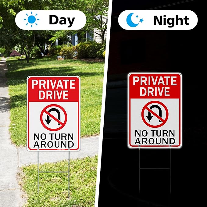 GicnKeuz Private Driveway No Turn Around with metal stake Signs, 14 x 10 Inches Reflective Aluminum Signs, Fade Resistant/Waterproof, Easy to Install, Outdoor Use （2 - Pack）