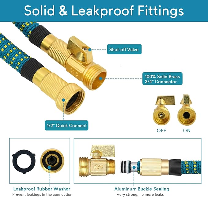 Expandable Garden Hose 100 ft - 2025 Upgraded No Kink Retractable Water Hose 100ft with 10 Pattern Spray Nozzle, Solid Brass Fittings, Expanding Latex Core, Strong Fabric, Super Lightweight & Flexible
