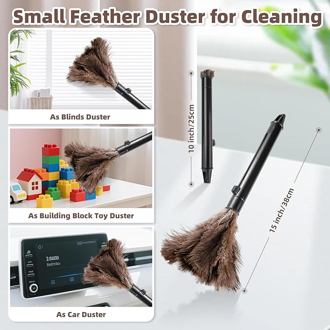 Ostrich Feather Dusters for Cleaning Kit - Reusable Soft Feather Duster Extendable to 49 inches for Cleaning Ceiling Fan, High Ceiling, Blinds & Retractable Small Duster for Keyboard, Brick Toy, Car