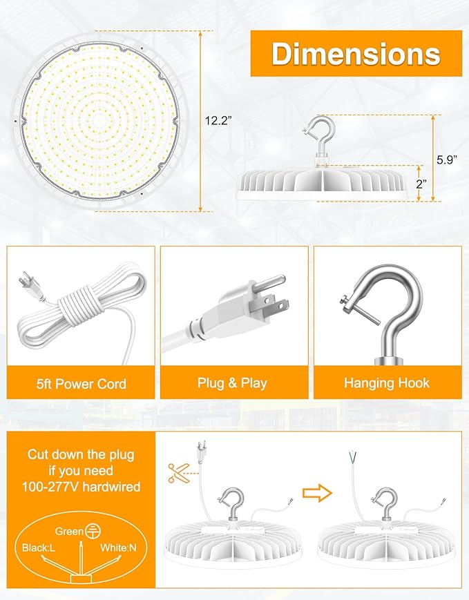High Bay LED Lights UL DLC Listed Adjustable 240W/190W/140W 3000K/4000K/5000K Dimmable UFO LED Shop Light for Gym Factory Warehouse
