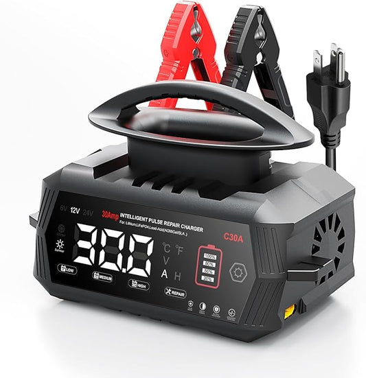 30 AMP Battery Charger, 6V/12V/24V Lead-Acid, Lithium, LiFePo4 Smart Battery Charger, Portable Large Screen Trickle Charger, Fully Automatic Chargers and Maintainer for Car, Motorcycle, Lawn Mower