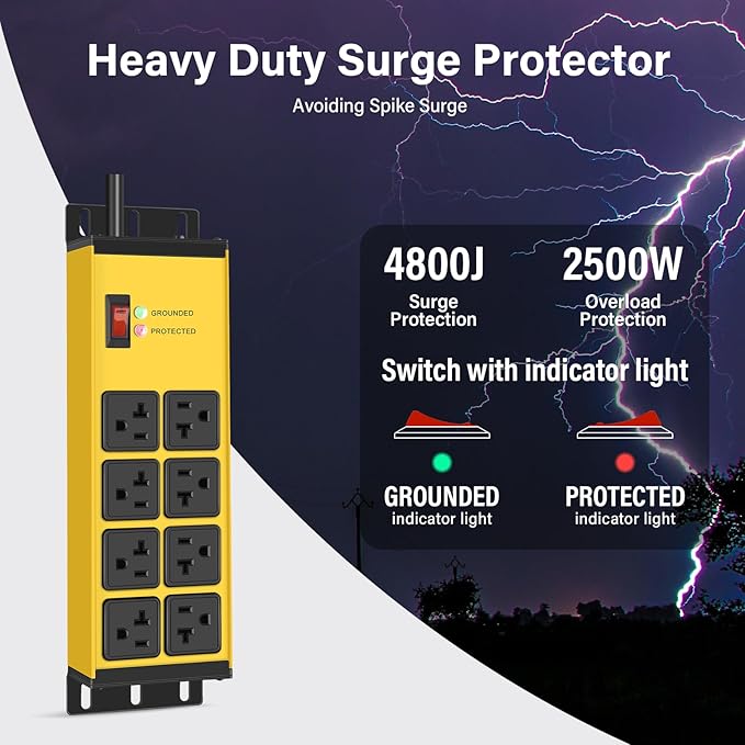 CCCEI Yellow Heavy Duty Power Strip Surge Protector 20 AMP, 8 Outlets 12 Gauge Industrial Shop Garage Metal Multiple Outlets, 15FT Extension Cord 5-15P Adapter High Amp 6-20R T-Slot 20a for Appliance