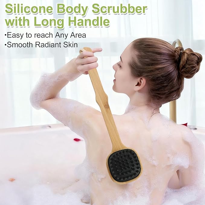 Silicone Back Scrubber for Shower, Silicone Bath Body Brush Loofah with Long Handle, Dual-Sided Shower Brush for Body, Black Exfoliating Body Scrubber for Men Women, Back Washer for Men with Hook