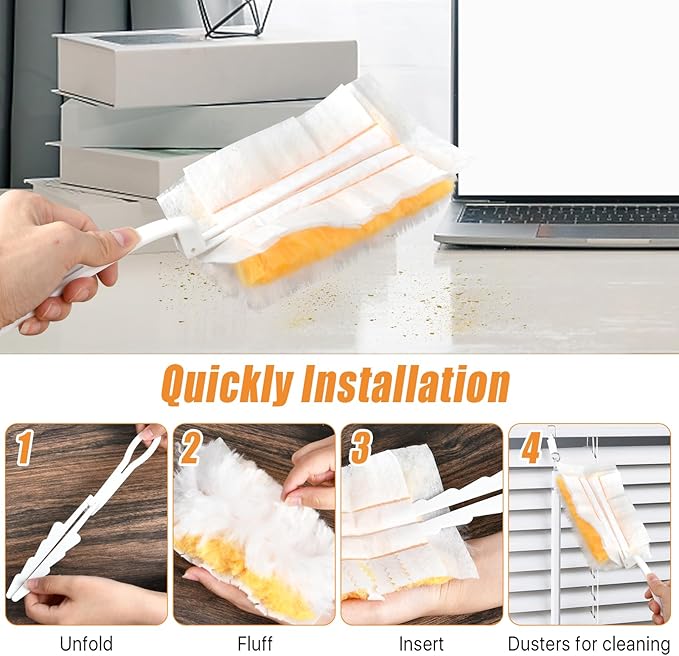 100 Pcs Duster Refills Bulk, Thickened Duster Refill Electrostatic Duster Head, Duster Refills for Cleaning with 2 Long Handles, 2 Short Handles, Disposable Duster Refills for Blinds(Yellow)