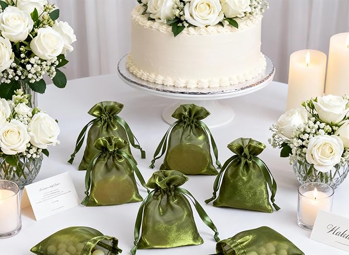 QIANF 20 Pcs Moss Green Small Organza Bags 4X6 inch for Wedding Favors with Drawstring, Mini Mesh Gift Bags Jewelry Pouch for Candy Bridal Shower Party Favor Baby Shower Christmas