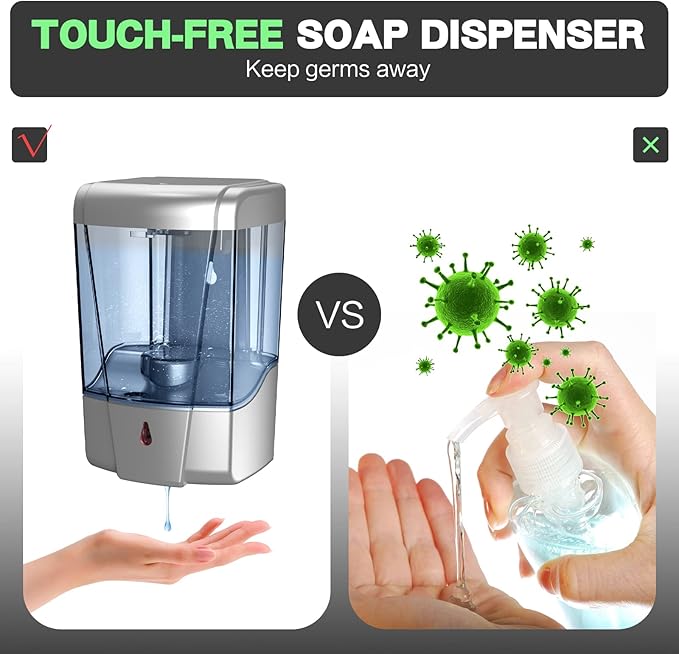 interhasa! Soap Dispenser, Touchless Hand Sanitizer Dispenser Wall Mount 600ml Automatic Kitchen Soap Dispenser for Commercial Home, Office (Silver)