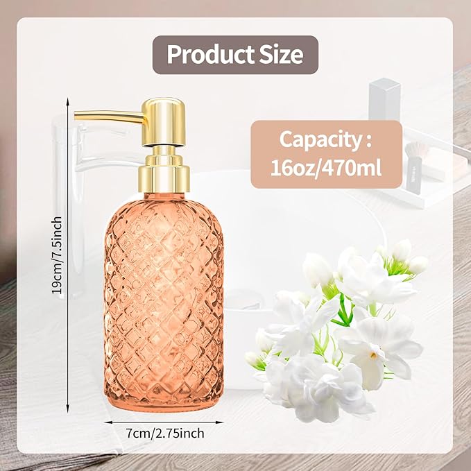 450ml Glass Soap Dispenser with Pump, 16 oz Diamond Cut Design Refillable Liquid Hand Soap Bottle Dispenser for Bathroom, Countertop, Kitchen, Laundry Room, Home Decor Accessories