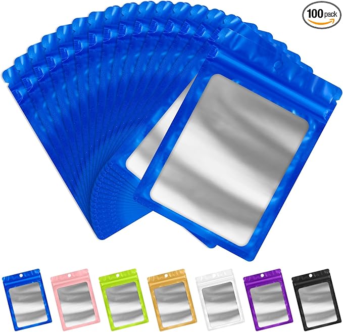 FUNFERY 100 Pack Mylar Resealable Bags Foil Packaging Bags with Clear Window,Zipper Pouch Smell Proof Bag for Food Storage,Cookies,Sample,Small Business(Blue,3x4.7inch)