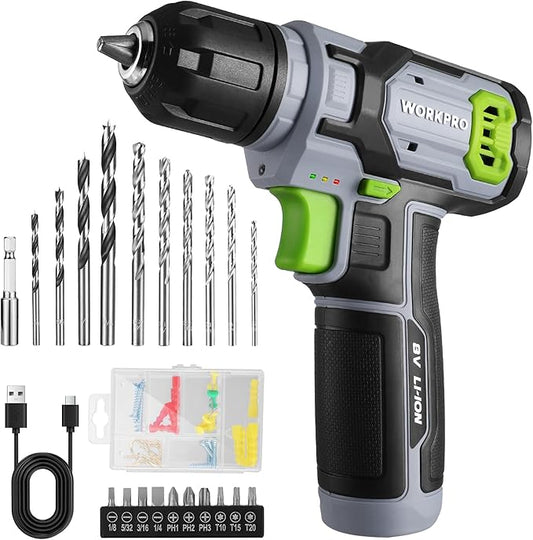 WORKPRO 8V Cordless Drill Driver Kit with 53pcs Bit Set, 2.0Ah Electric Drill with 3/8" Keyless Chuck and Variable Speed Trigger, Portable for Home Improvement, DIY