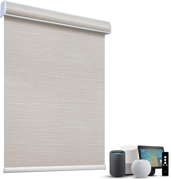 SmartWings Motorized Light Filtering Shades, 70% Blackout, Custom Size, Rechargeable Battery, Works with Matter/Apple HomeKit, Alexa, Thread/Zigbee, Remote Optional, 70% Essential Cream