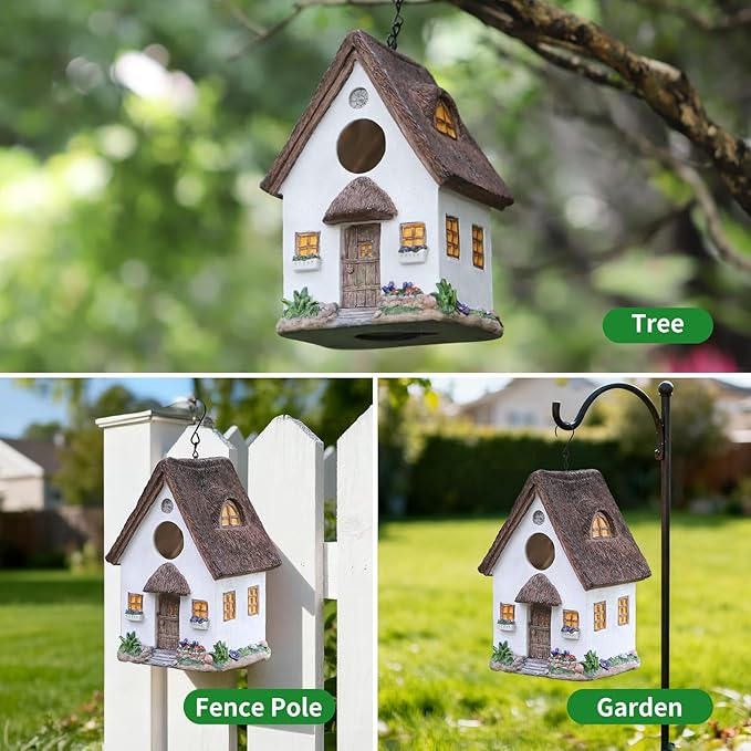 Rustic Cottage Birdhouse with Thatch Roof – Hand-Painted Resin Outdoor Bird House for Small Birds, Weatherproof Garden Decor for Backyard or Patio