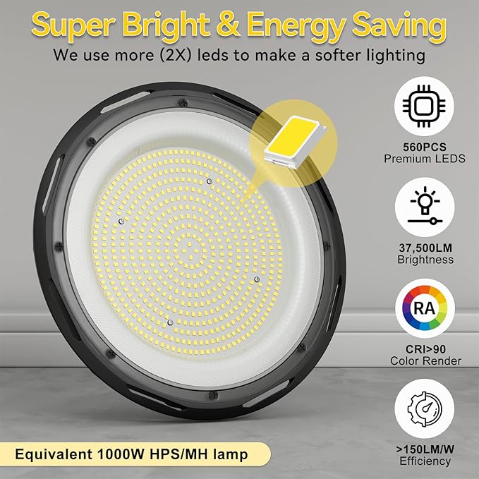 hunhun 6 Pack 250W UFO LED High Bay Light 37,500lm 5000K Commercial Bay Lights 5' Cable with Plug AC110-277V Waterproof Shop Lights for Workshop Garage Factory Warehouse Barn ETL Listed