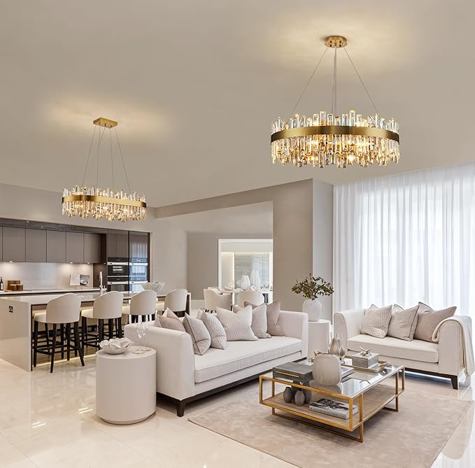 Siljoy Modern Crystal Chandelier 16 Lights Brushed Gold 2-Tiers K9 Crystal Raindrop Chandelier Luxury Dimmable Crystal Pendant Ceiling Light for Living Room Dining Room Entryway Foyer D31.5''