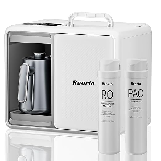 RP001W Portable Water Filter Reverse Osmosis Countertop, 5 Stage UV RO Filtration 1.06 Gal Water Tank,304 Stainless 0.8L Heating Kettle, Portable Water Purifier Dispenser for RV/Travel/Home, White