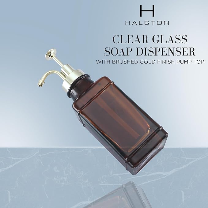 Amber Glass Soap Dispenser with Brushed Gold Pump Dispenser, Modern Refillable Pump for Bathroom, Kitchen, or Office, Elegant Accent Piece for Interior Decoration