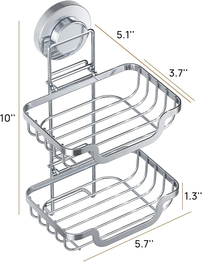 LEVERLOC Bar Soap Holder Dish Suction Cup Wall Mounted, Stainless Steel Double Layer Soap Saver for Shower Bathroom Bath Tub Kitchen Sink, Removable Waterproof, Keep Dry, Silver