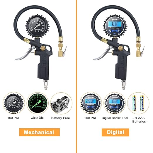 AstroAI Tire Pressure Gauge with Inflator, 100 PSI-ANSI B40.1 Accurate, Large 2.5" Easy Read Glow Dial, Heavy Duty Air Chuck and Compressor Accessories with Rubber Hose and Quick Connect Coupler