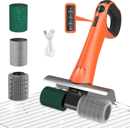 Hillyfe Electric Grill Cleaner for Outdoor,Cordless Rechargeable Grill Brush with 3 Brush Heads, 450RPM,2 Hours of Continuous Operation,LED Light,Grill Scraper,Grilling Gifts for Men,Orange
