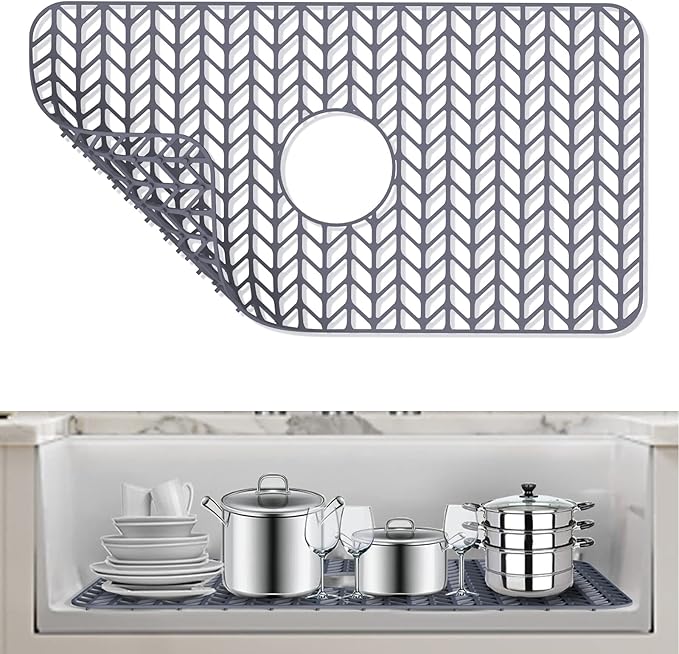 AWOKE Sink Protectors for Kitchen Sink - 26"x 14" Sink Mat - Heat-resistant Easy-clean Silicone Sink Mat - for Protection of Stainless Steel Sink - with Center Drain (Grey),Kitchen Sink Accessories