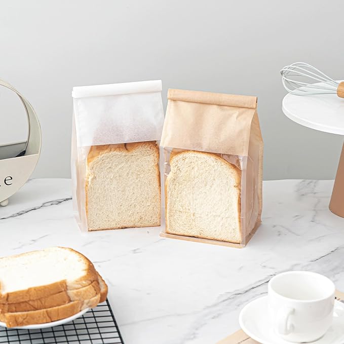 100 Pcs Bread Bags for Homemade Breads, 5.1 x 3.9 x 11 Inch Small Brown Bakery Bags with Tin Tie, Cotton Paper Loaf Bag, Storage Packing Bag with Clear Window