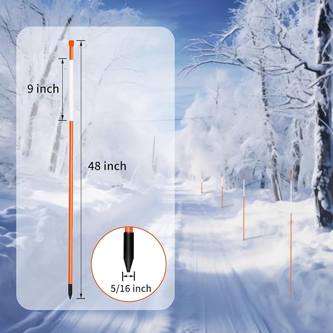 Growsun Driveway Marker 48 inch Orange Fiberglass 5/16 inch Dia Snow Fence Reflective Plow Stakes for Yard Walkways Parking Lots Safety Rods Edge, 25 Pack