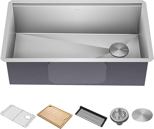 KRAUS Kore 32-Inch Undermount Workstation 16 Gauge Single Bowl Stainless Steel Kitchen Sink with Accessories, KWU110-32