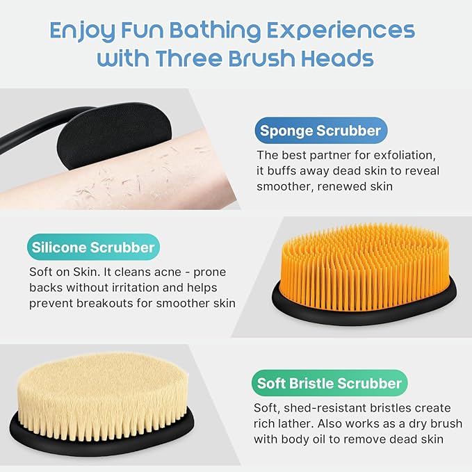 Flexible Up-Down Movement Back Scrubber for Shower for Men & Women, 3 Detachable Back Brush Heads Includes Silicone Body Scrubber, Sponge Bath Brush & Bristle Shower Brush, Wet/Dry Brush, Black