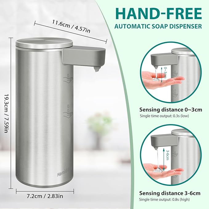 Automatic Soap Dispenser Stainless Steel with Sensor Infrared Soap Dispenser Electric IPX5 Waterproof USB-C Charging Motion Sensor for Kitchen & Bathroom (Silver)