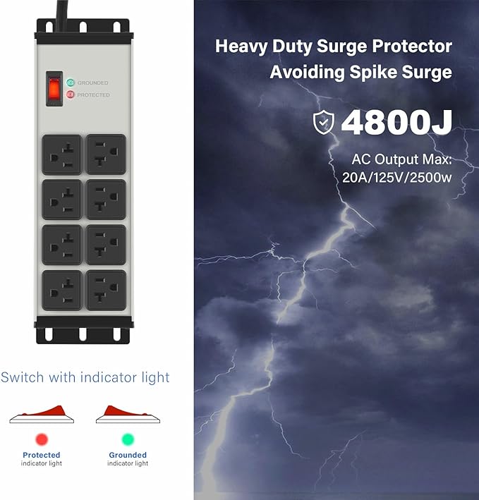 CCCEI Grey Heavy Duty Power Strip Surge Protector 20 AMP, 8 Outlets 12 Gauge Industrial Shop Garage Metal Multiple Outlets, 25 FT Extension Cord 5-15P Adapter High Amp 6-20R T-Slot 20a for Appliance