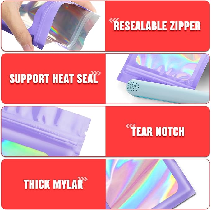 Funfery 300 Pack 3 Size Mylar Holographic Bags with Clear Window,Resealable Bag Smell Proof Foil Baggies Packaging Pouch for Food Storage,Sample,Small Business(Purple,3x4.7,4x6,4.7x7.9in)